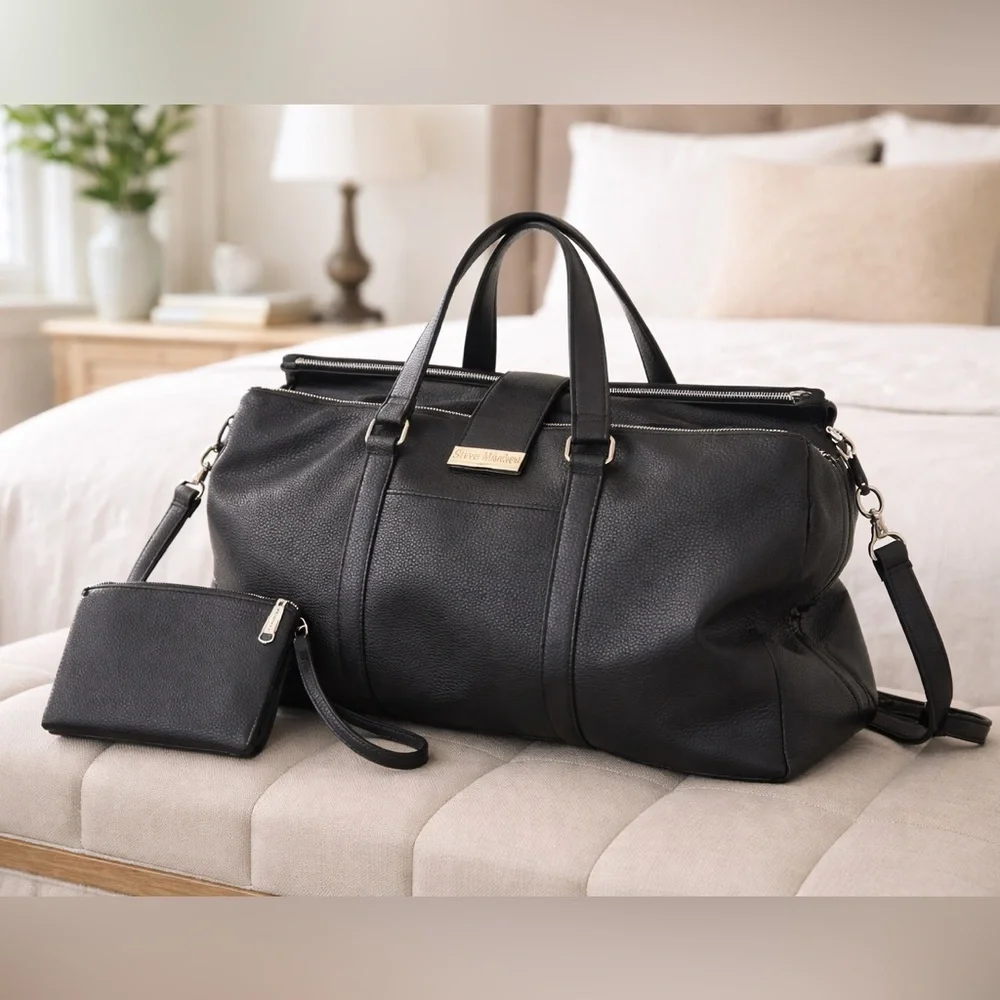 Steve Madden Black Pebbled Faux Leather Weekender Bag with Crossbody Strap - Picture 1 of 8